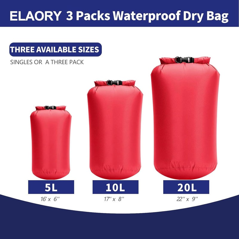 ELAORY Waterproof Dry Bags 3 Pack (5L, 10L, 20L) - Lightweight Waterproof Storage Bags for Travel, Boating, Fishing, Rafting, Swimming, Camping & Outdoor Activities - Durable & Compact Design, Red - Image 2